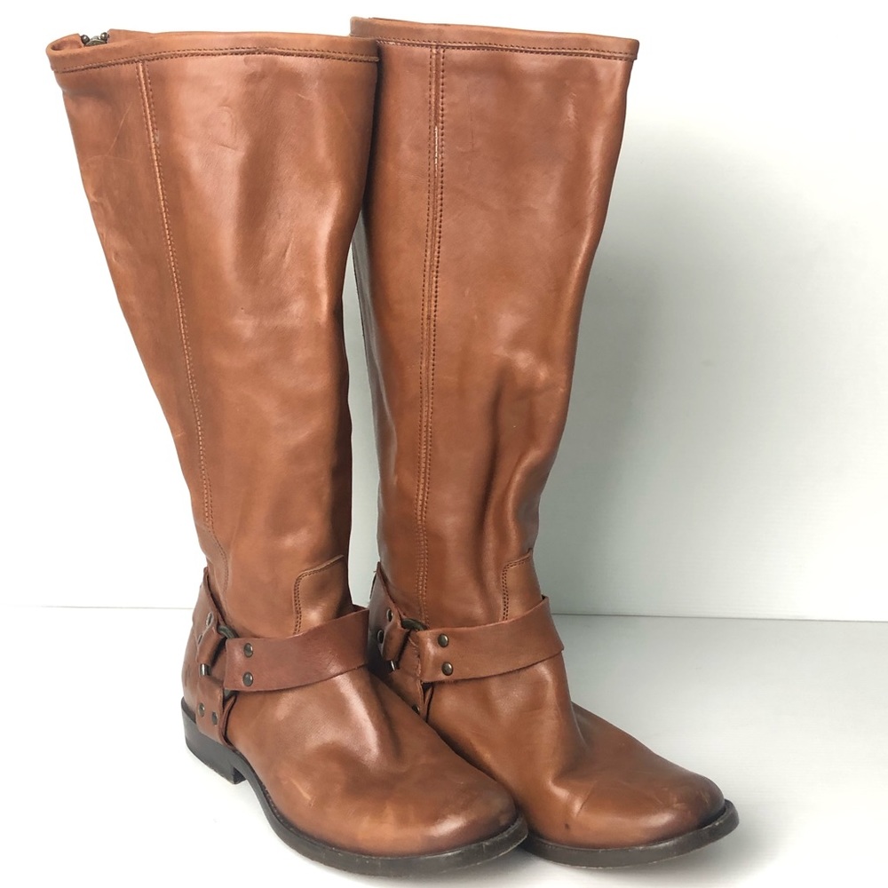 Frye Red Leather Phillip Harness Knee High Heeled Zip Back Tall Riding Boots